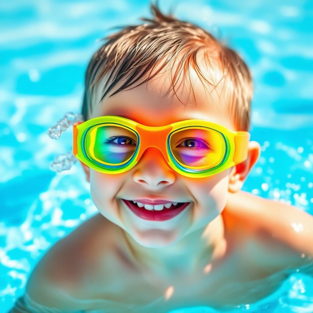 Smiling child wearing colorful goggles in a pool