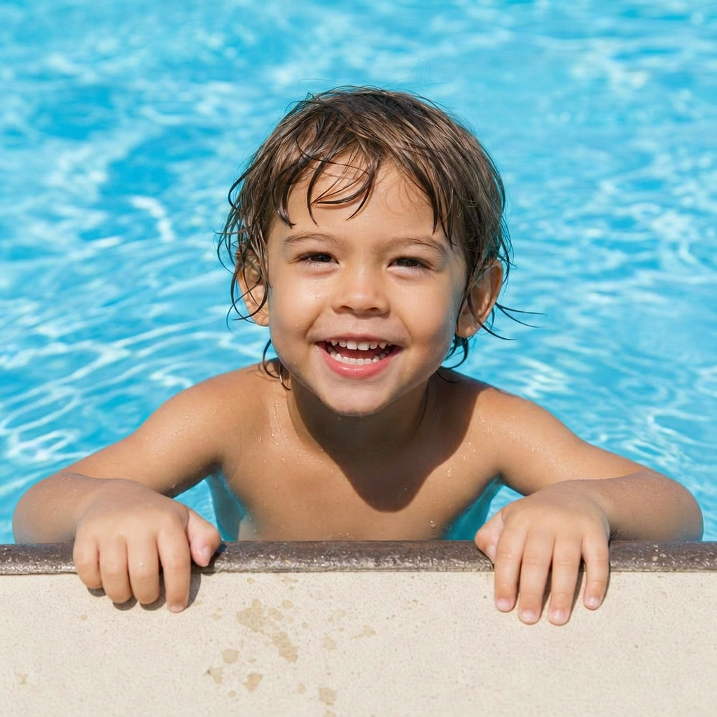 Child holding onto pool edge with colorful armbands